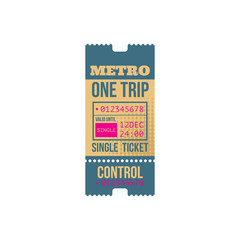 Metro one trip single ticket template with control sign. Vector subway entree, valid for 24 hours, date mention. Retro passenger pass to underground railway station isolated mockup, admit one