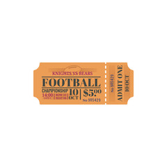 American football ticket isolated vector icon. Knits vs Bears soccer game, football team match on city arena, retro vintage paper or carton template with perforated line