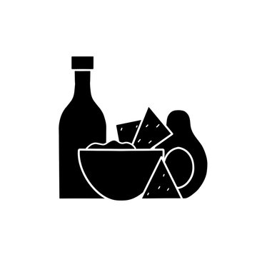 recommend clip art: Mexican food. Avocado guacamole with nachos corn chips and spicy sauce. Black silhouette illustration of national cuisine. Vector outline picture for menus, logos, recipes and your design.