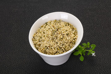 Peeled hemp seeds in the bowl