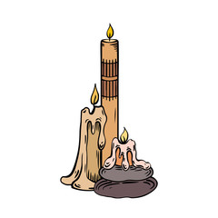 Relax candles. Colorful sketch with hatching. Wax candles with stones and decorations. Vector spa, relaxation elements for greeting cards and invitations.
