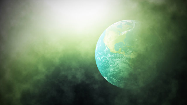 World In Green Toxic Smoke Global Warming And Pollution Background Concept. 3D Illustration Earth Globe With Green Poison Pollution Smog. 