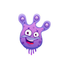 Fototapeta premium Bacterial funny pathogen, purple smiling monster isolated cartoon character. Vector microbiological coronavirus, biological monster happy emoticon. Microbe organism bacteria microorganism with eyes