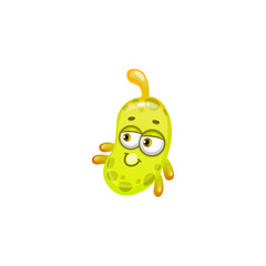 Oblong yellow virus smiling emoticon isolated germ. Vector bacterial hazard attack icon, infection mutant. Comic pandemic bacteria, micro influenza or fever, microbiology organism emoticon