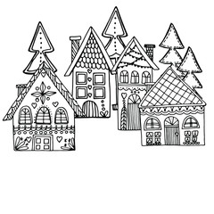 Print shop with New Year's houses, Christmas trees with a garland, lights, New Year's house in the forest. Festive mood, Christmas. For textiles, packaging, coloring for children and adults. Isolated 
