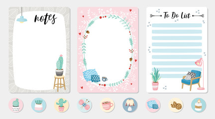 Set of planners and to do list with cute  illustrations. Template for agenda, planners, check lists, notebooks, cards, stickers, and other stationery. Vector background
