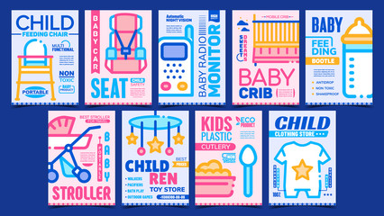 Fototapeta premium Baby Accessories Advertising Posters Set Vector. Child Feeding Chair And Bottle, Baby Car Seat And Stroller, Children Toy Store And Clothing Shop Banners. Concept Template Style Color Illustrations