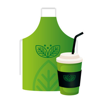 Mockup Disposable Coffee And Apron With Sign Of Green Company, Corporate Identity Vector Illustration Design