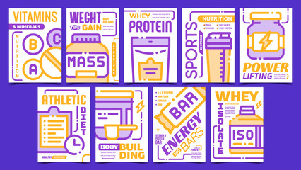 Sport Nutrition Advertising Posters Set Vector. Energy Bar And Bcaa, Whey Protein And Isolate, Vitamins And Minerals, Collection Promo Banners. Concept Template Style Color Illustrations