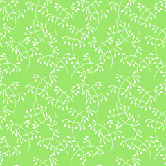Twigs with small berries. Seamless pattern on a green background. Drawn plants. Suitable for fabric, Wallpaper and other surfaces