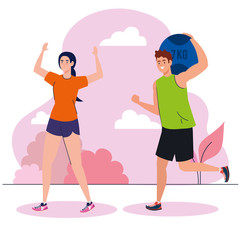 couple practicing exercise outdoor, recreation exercise sport vector illustration design