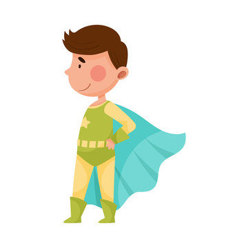 Cute Boy Wearing Superhero Costume Pretending to Have Super Power Vector Illustration