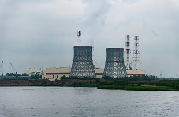 Thermal station on the shore of the reservoir.