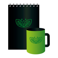 mockup mug and notebook with sign of green company, corporate identity vector illustration design