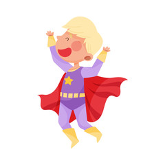 Little Boy with Blonde Hair Wearing Superhero Costume Waving Hand Vector Illustration