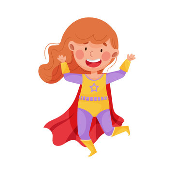 Little Girl Wearing Superhero Costume Waving Hand and Jumping Vector Illustration