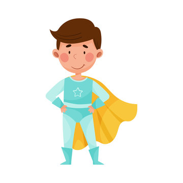 Cute Boy with Dark Hair Wearing Superhero Costume Vector Illustration