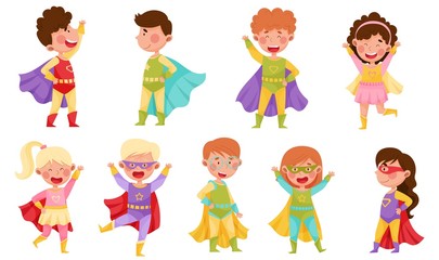 Fototapeta premium Children Wearing Superhero Costume Pretending to Have Super Power Vector Set