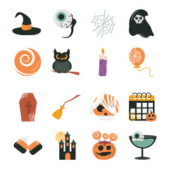 happy halloween, trick or treat party celebration creepy eye cobweb candle cat castle pumpkin flat icons set