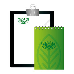 mockup notebook and clipboard with sign of green company, identity corporate vector illustration design