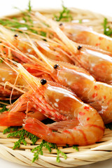 笊に盛ったボタンエビ　Spot Prawns