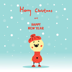 Christmas card with cute funny duck on red sweater on the background of snowflakes. hand-drawn vector illustration in cartoon style. greeting card-happy new year 2021 and Christmas holidays.
