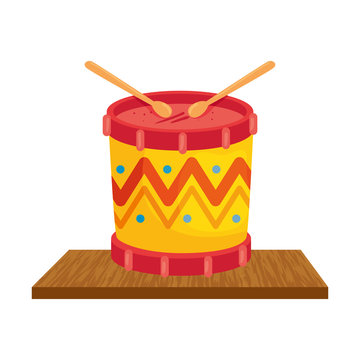 drum with sticks, child toy on wooden table vector illustration design