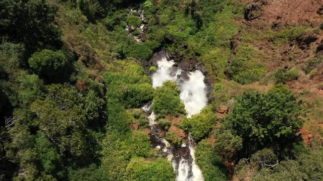 Hawaii Kauai Waipoo Falls Waterfall Waimea Canyon State Park Sunny Partly Cloudy Aerial 4K