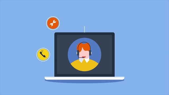 Telemarketing customer support service. Man in headphone and microphone on laptop screen. Call centre and operator business representative. Online customer service website, help-desk assistant. 