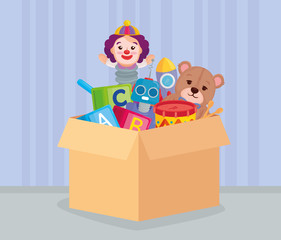 cute kids toys in box carton package vector illustration design