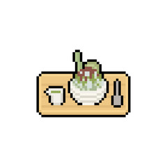 Pixel art cartoon green tea bingsu.