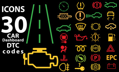 30 icon vector collection of car dashboard panel indicators, yellow red green indicators. DTC codes. Check engine warning.
