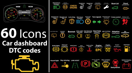 60 pack icons - Car dashboard, dtc codes, error message, check engine, fault, dashboard vector...