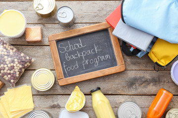 Schoolbag with different products and chalkboard with text SCHOOL BACKPACK FOOD PROGRAM on table