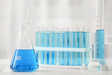 Glassware on table in laboratory
