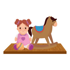 child toys, doll with wooden rocking horse, in white background vector illustration design