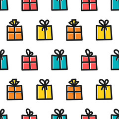 Cute colorful gift boxes, presents vector seamless pattern background for holidays design.