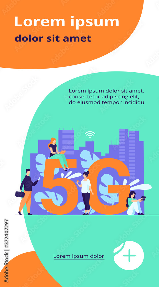 Poster 5g networks and telecom concept. people using digital devices. flat vector illustration for fast spe