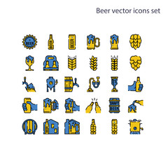 Fototapeta premium Basic element of Beer vector icons set.Contains a bottle, can, hop sign, barley and wheat, fermentation tank, boiler, draft beer keg, beer process, and more. 64x64 pixel perfect icon