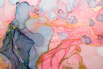 Naklejka premium Alcohol ink abstract background. Watercolor style texture. Pink, blue and gold paint stains illustration.