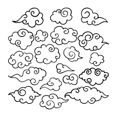 Collection of chines clouds in asian, oriental style. Mid autumn festival. Outline.