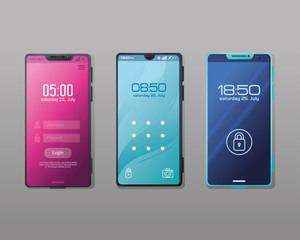 set of realistic smartphones mockup with safety app on the screen vector illustration design