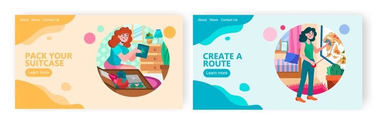 Woman packs first aid kit to her travel suitcase. Girl plans her trip, creating route on a map. Travel concept illustration. Vector web site design template