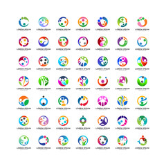 Mega collection of people care logo design. Set of happy family, kids play, childcare, and healthy logo template. Colorful human in circle shape vector