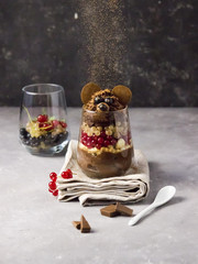 Creative idea for a kids breakfast, bear made from chocolate mousse, berries, cookies.
food art idea. Children, holidays, Christmas, New Year, winter summer, Easter, healthy, proper nutrition concept.