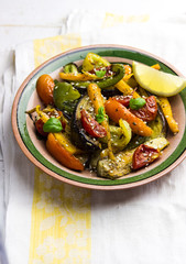 warm salad of eggplant, tomato, pepper, carrot on a plate. Healthy, proper nutrition concept. Free space for text.