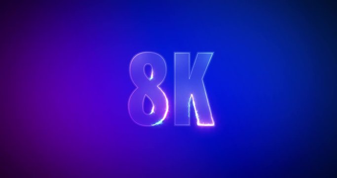 8K, 8000. Electric lightning words. Burning Text on purple blue background. High quality 4k intro