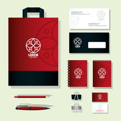 mockup stationery supplies, color red with sign white, brand mockup corporate identity vector illustration design