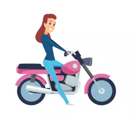 Foto op Plexiglas Girl driver. Cute woman on motorcycle. Isolated cartoon female rides motorbike vector illustration. Motorcycle and motorbike ride, bike transport © ONYXprj