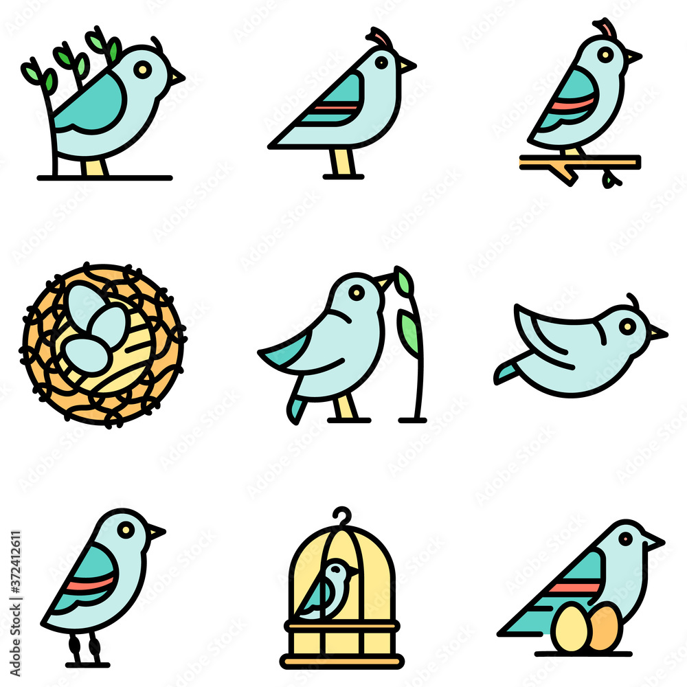 Poster quail icons set. outline set of quail vector icons thin line color flat on white
